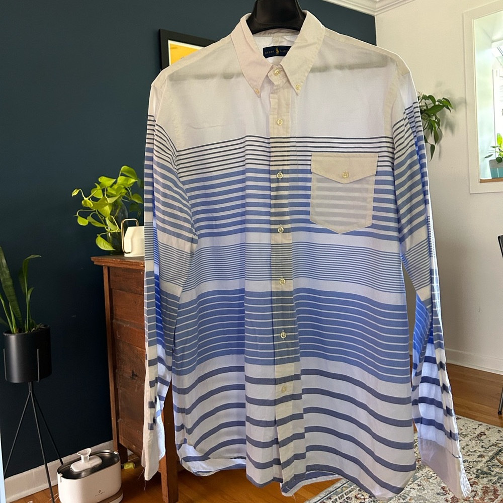 Summery button-down shirt by Polo Ralph Lauren XL; blue stripes on white